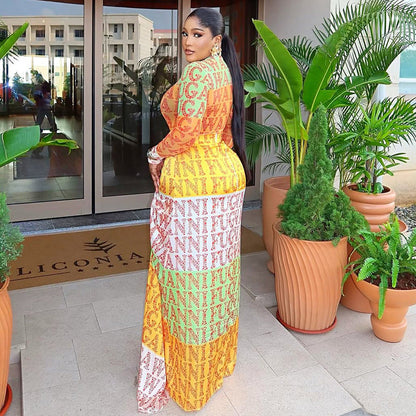 Elegant Printed Bodycon Dress With High Neck Long Sleeves