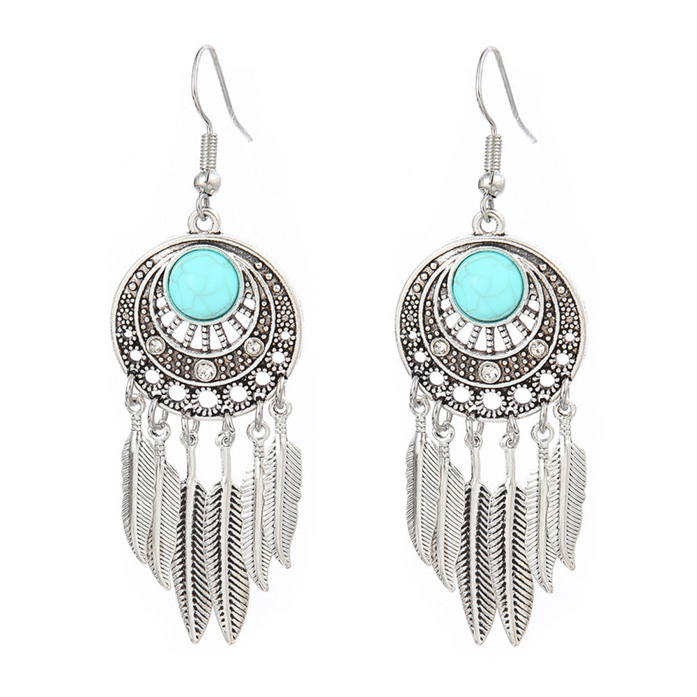 Simple Tribal Flower Teardrop Circle Turquoise Earring Set
