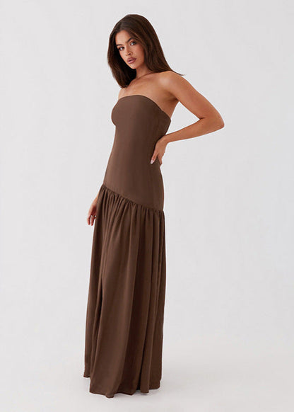 Strapless Mocha High Slit Maxi Dress