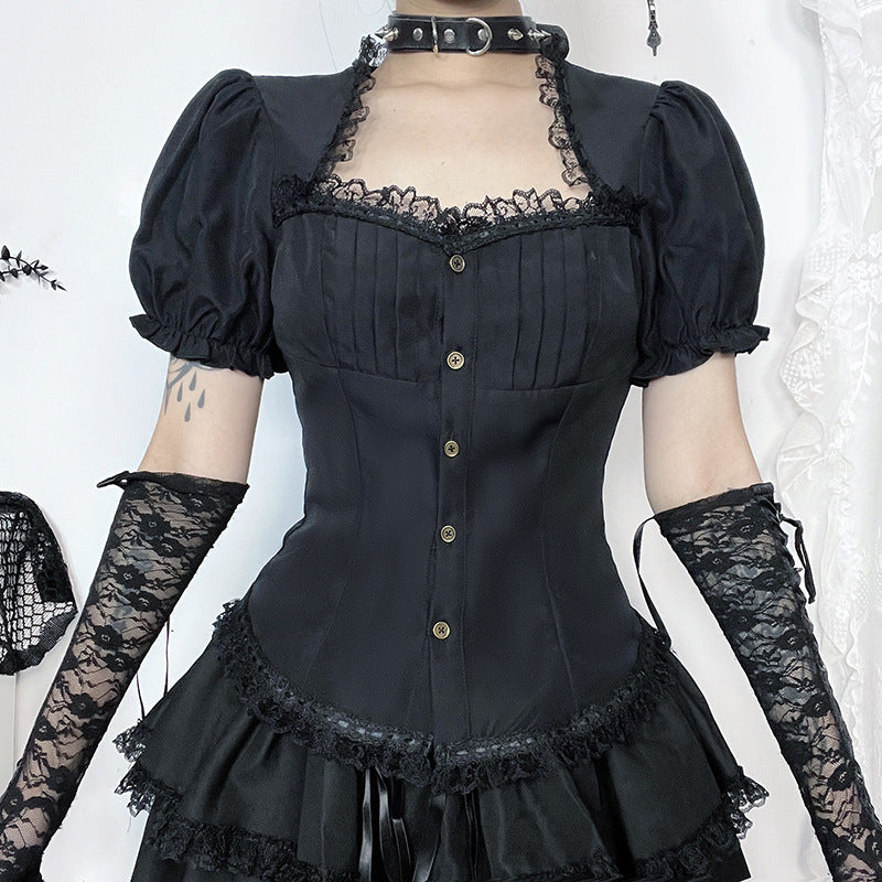 Vintage Lace Trim Short Sleeve Blouse for Ladies