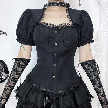 Vintage Lace Trim Short Sleeve Blouse for Ladies