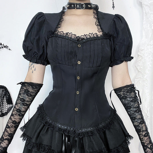 Vintage Lace Trim Short Sleeve Blouse for Ladies