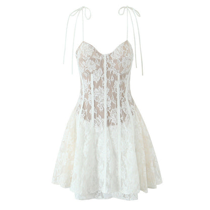 Solid Color Spaghetti Strap Lace Ruffled Dresses