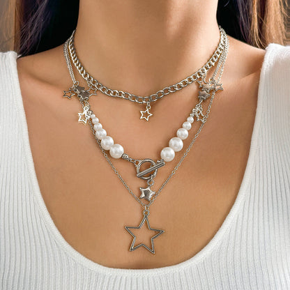 Hip Hop Star Pendant Necklace Set Trendy Ccb Beaded Metal Chain Jewelry