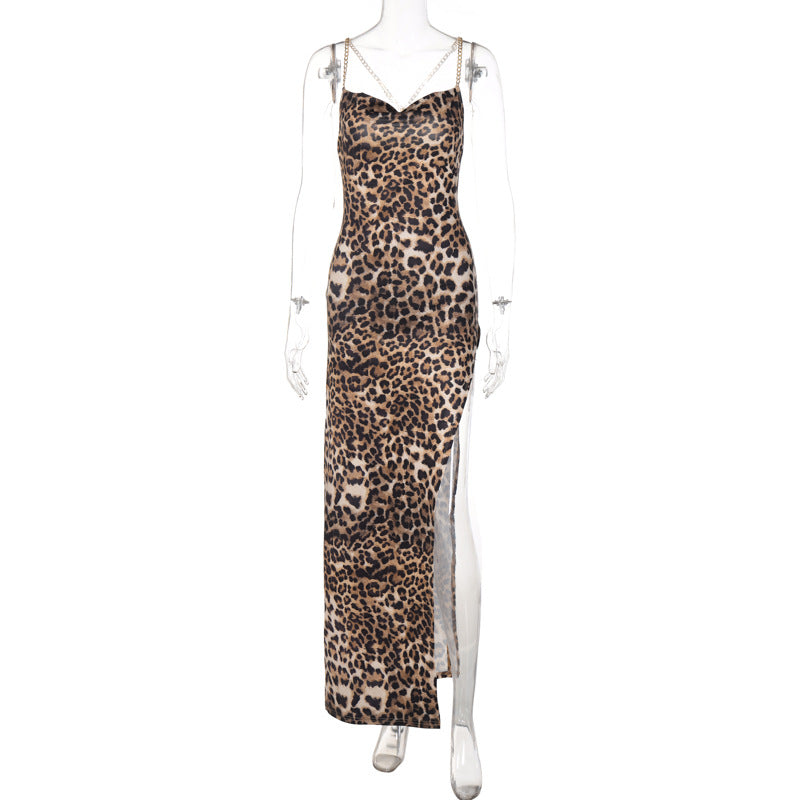 Elegant Leopard Print Midi Dress with Backless Design