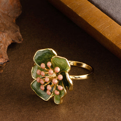 French Vintage Adjustable Enamel Camellia Flower Ring
