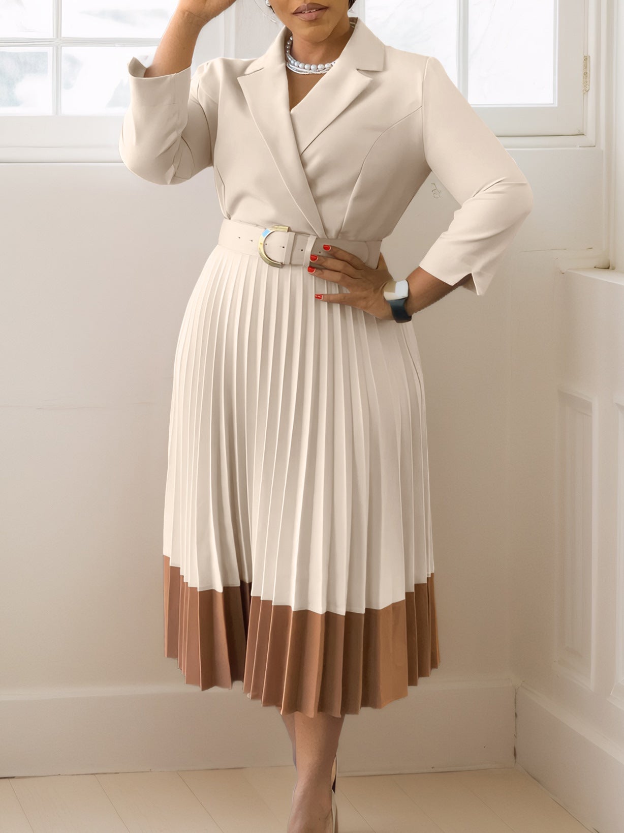 Elegant A-Line Dress With Suit Collar And Pleats