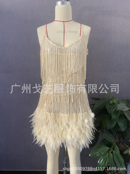 Stylish Fringed Sequin Feather Panels Dress Dress