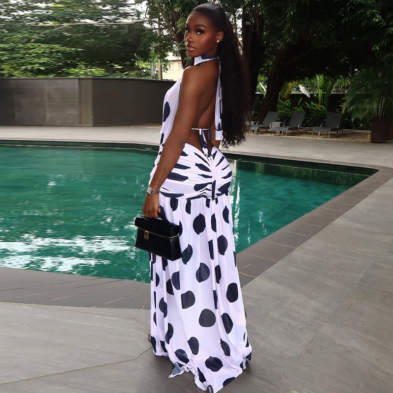 Black And White Polka Dot Halter Neck Dress With Slit