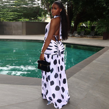 Black And White Polka Dot Halter Neck Dress With Slit