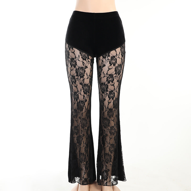 Summer Lace Casual Flare Pants Stylish Sexy Sheer Trousers
