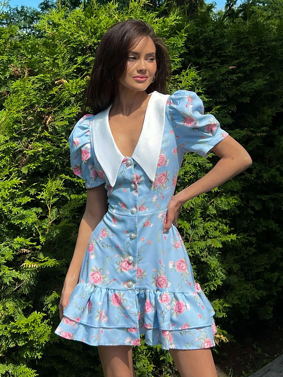 French V-Neck Puff Sleeve Dress Floral Print A-Line Midi Dress