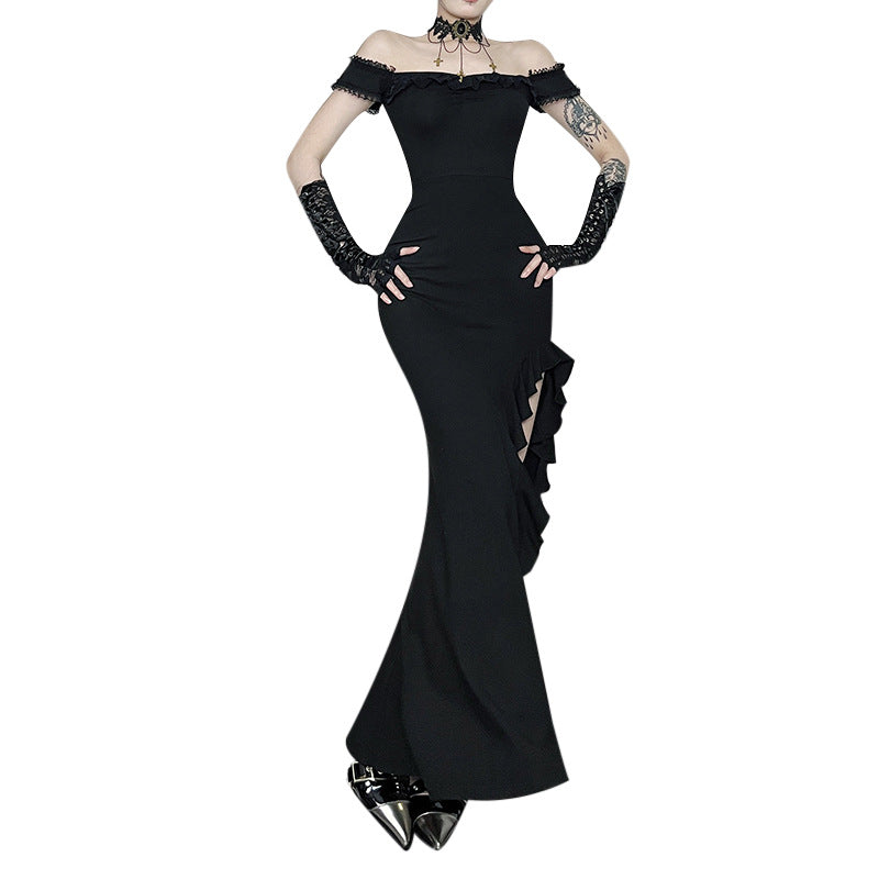 Gothic Lace Off-Shoulder High Slit Maxi Dress