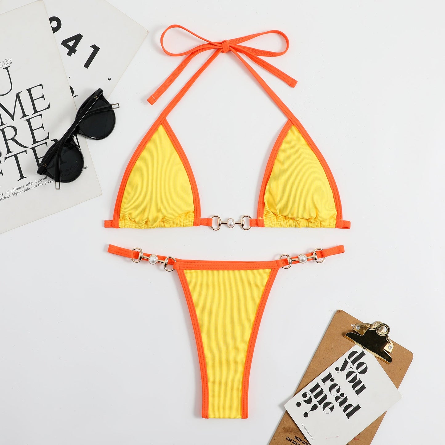Color Block Halter Backless Swimwear