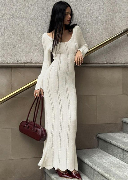 Knit Maxi Dress White Off Shoulder Flared Sleeves