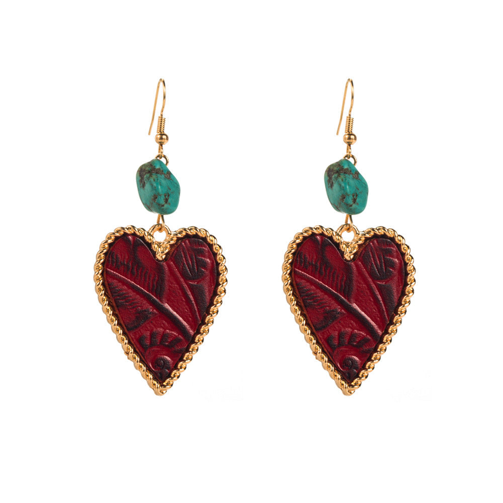 Heart-Shaped Turquoise and Leather Alloy Earrings for Women