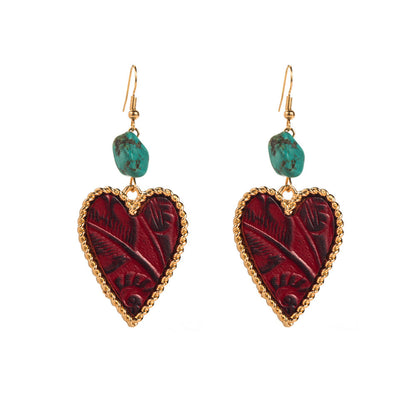 Heart-Shaped Turquoise and Leather Alloy Earrings for Women