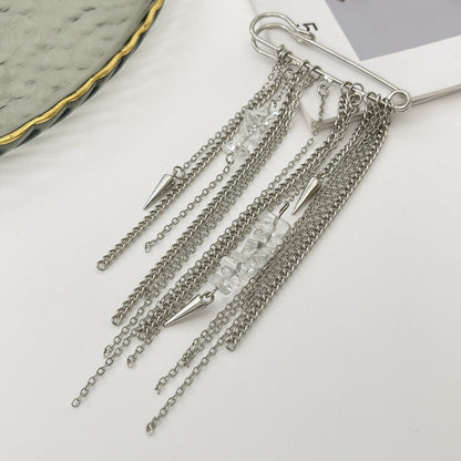 Trendy Metal Chain Tassel Brooch Pin With Stone Detail