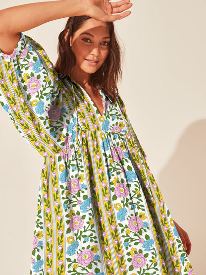 Floral Print Casual Dress with Tie Waist and Half Placket