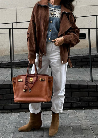 Suede Leather Moto Bomber Jacket Brown