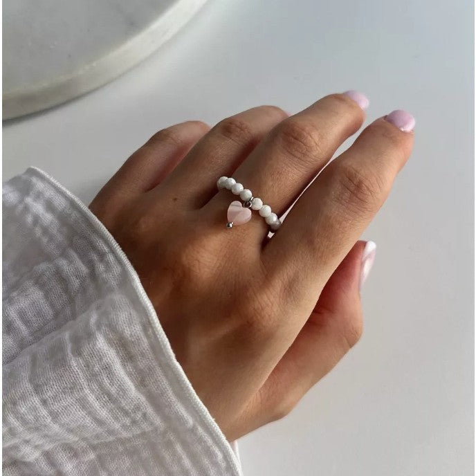 Shell Bead Heart Pendant Stackable Ring