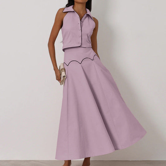 Elegant French-Inspired Sleeveless Cardigan and Long Skirt Set