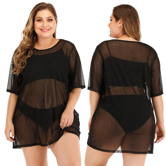 Plus Size Sheer Mesh Beach Cover-Up Dress For Women