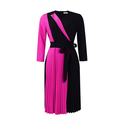 Elegant Color Block Midi Dress With Pleats