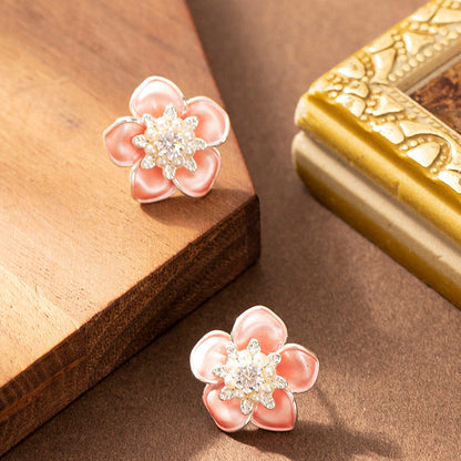 Chic Floral Pearl Stud Earrings - Elegant Copper & Enamel Design