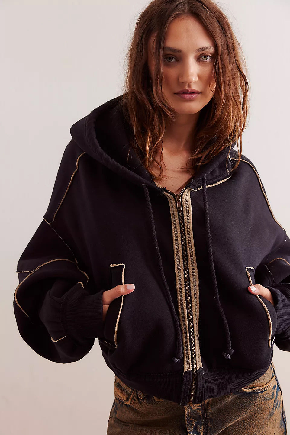 Street Loose Color Block Casual Hooded Hoodie