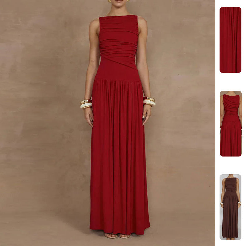 Elegant Solid Color Pleated Maxi Dress