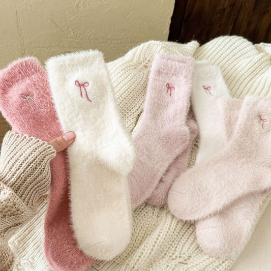 Winter Bow Embroidered Thick Plush Crew Socks