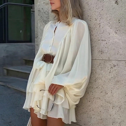 French High Waist Puff Sleeve Ruffled Mini Dress