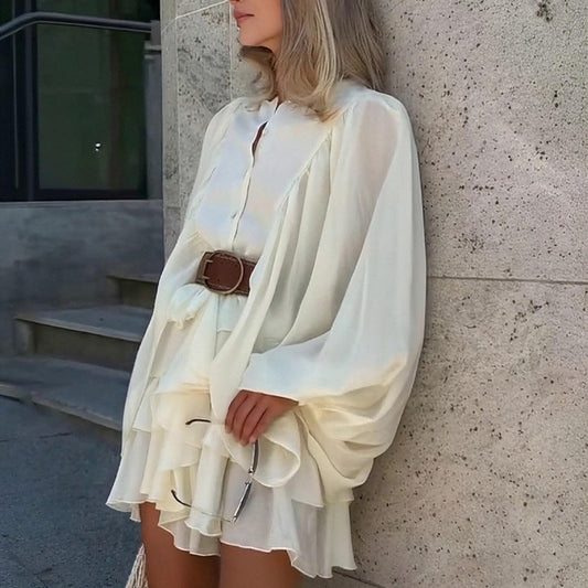 French High Waist Puff Sleeve Ruffled Mini Dress