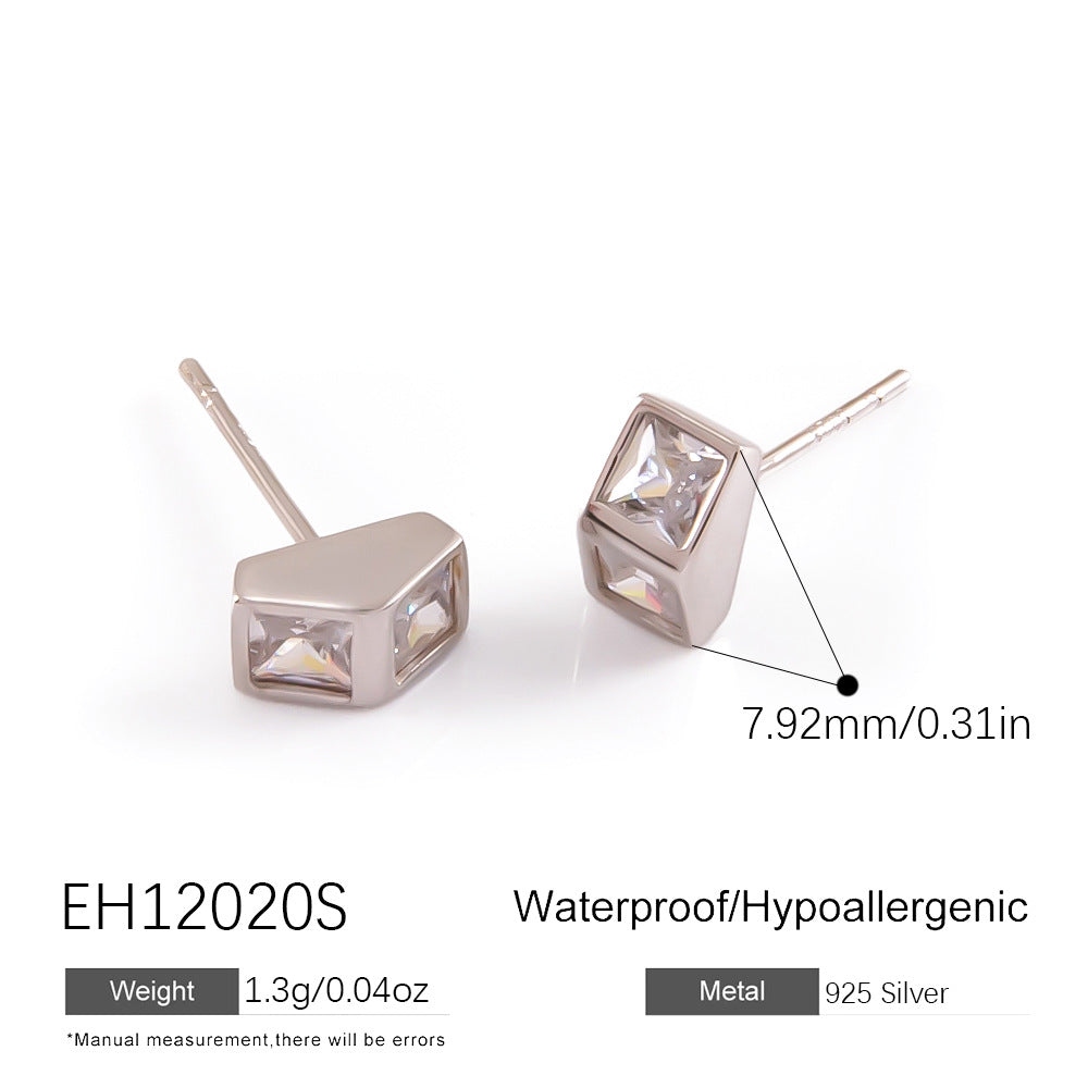 Geometric Diamond Stud Earrings 925 Sterling Silver Lightweight Luxury