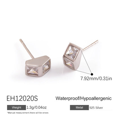 Geometric Diamond Stud Earrings 925 Sterling Silver Lightweight Luxury