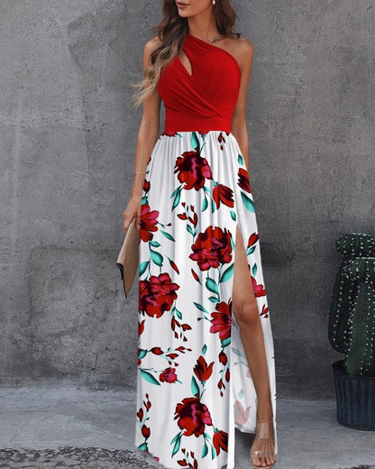 Women'S Diagonal Shoulder Hollowed Out Temperament Printed Stitched  Dress