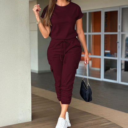 Women's Casual Short Sleeve Jumpsuit with Drawstring Pants