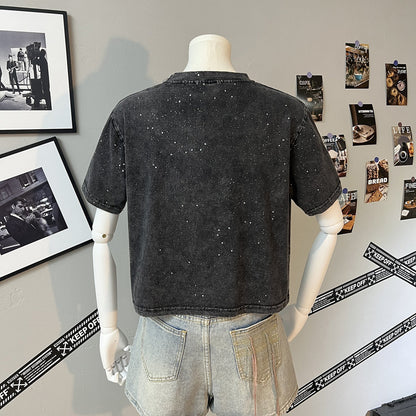 Teesher - Cropped Black Star &amp; Letter Print T-Shirt