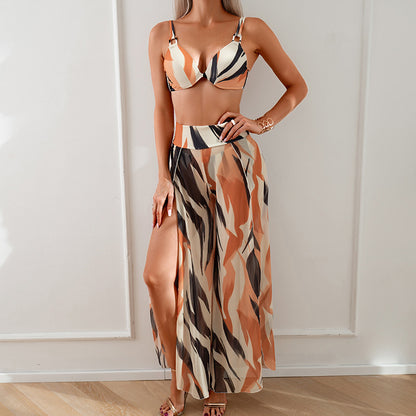 Women'S Bikini Set With Printed Pants - Polyester Fabric