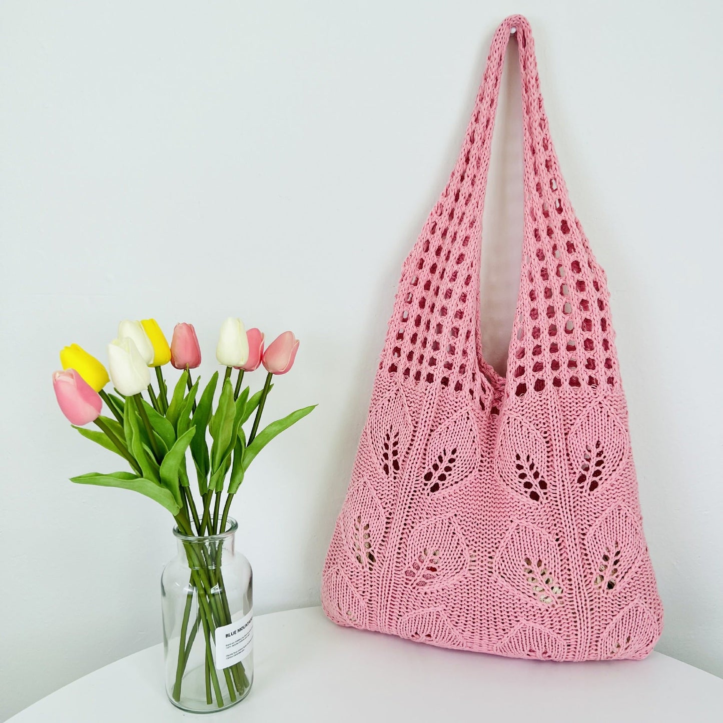 Solid Color Hollow Out Knit Shoulder Tote Bag