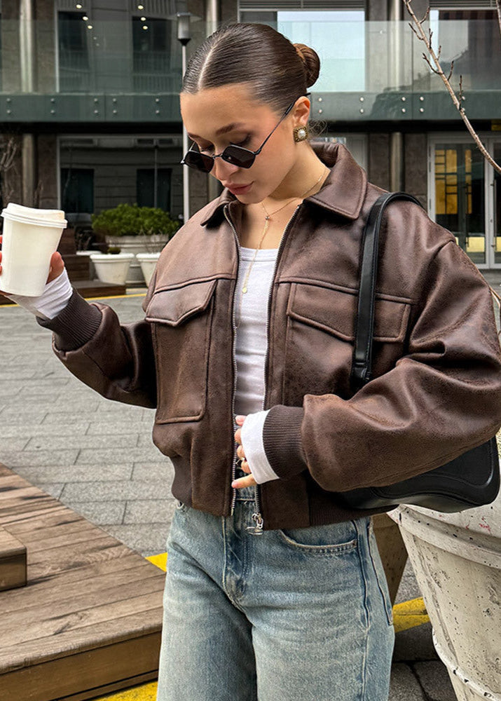 Distressed Faux Leather Zip Jacket With Utility Pockets