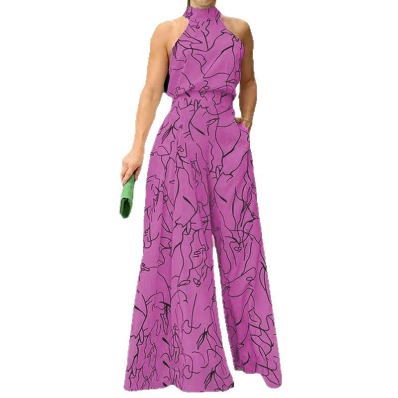 Trendy Floral Print Jumpsuit Stylish Casual High-Waisted Wide-Leg Pants