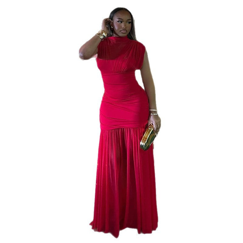Elegant High Neck Bodycon Dress With Color Block Design