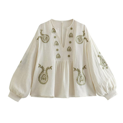 Loose Embroidered V-Neck Long Sleeve Blouse