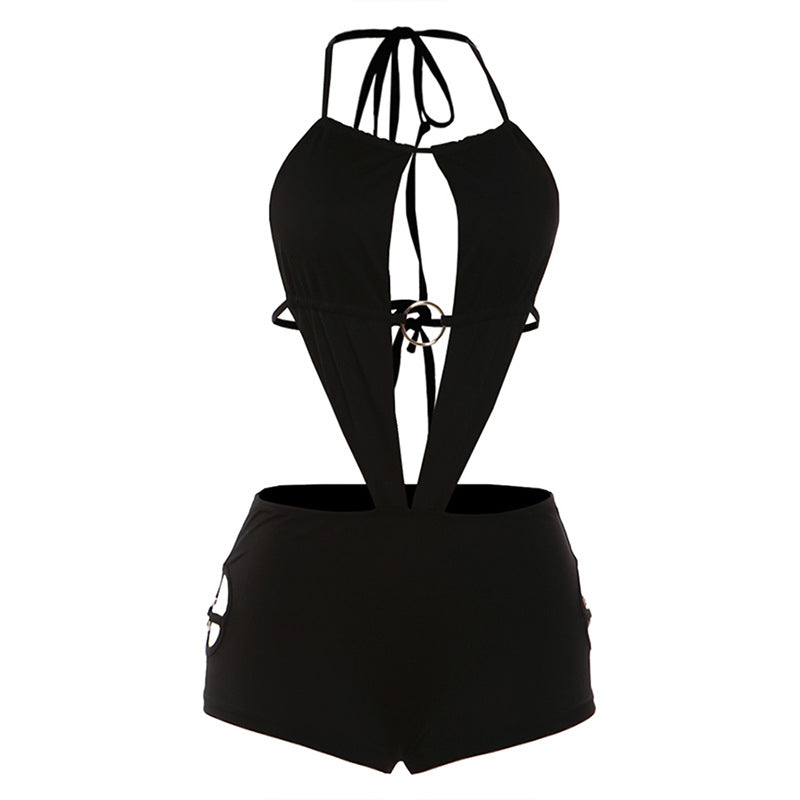 Backless Sexy Bodysuit With Tie Detail And Fitted Shorts