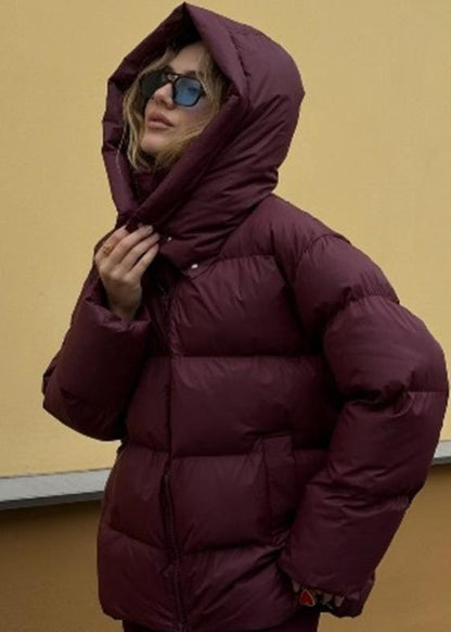 Hooded Puffer Jacket Quilted Burgundy Style
