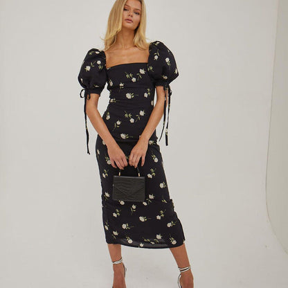 French Floral Puff Sleeve Midi Dress