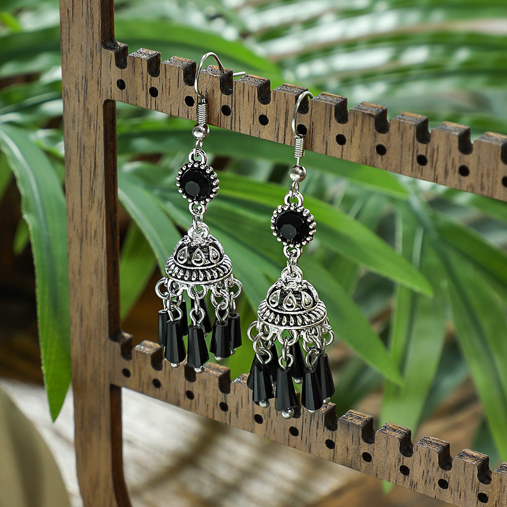 Black Crystal Tassel Lantern Earrings Vintage Inspired Fashion Jewelry