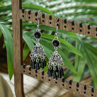 Black Crystal Tassel Lantern Earrings Vintage Inspired Fashion Jewelry